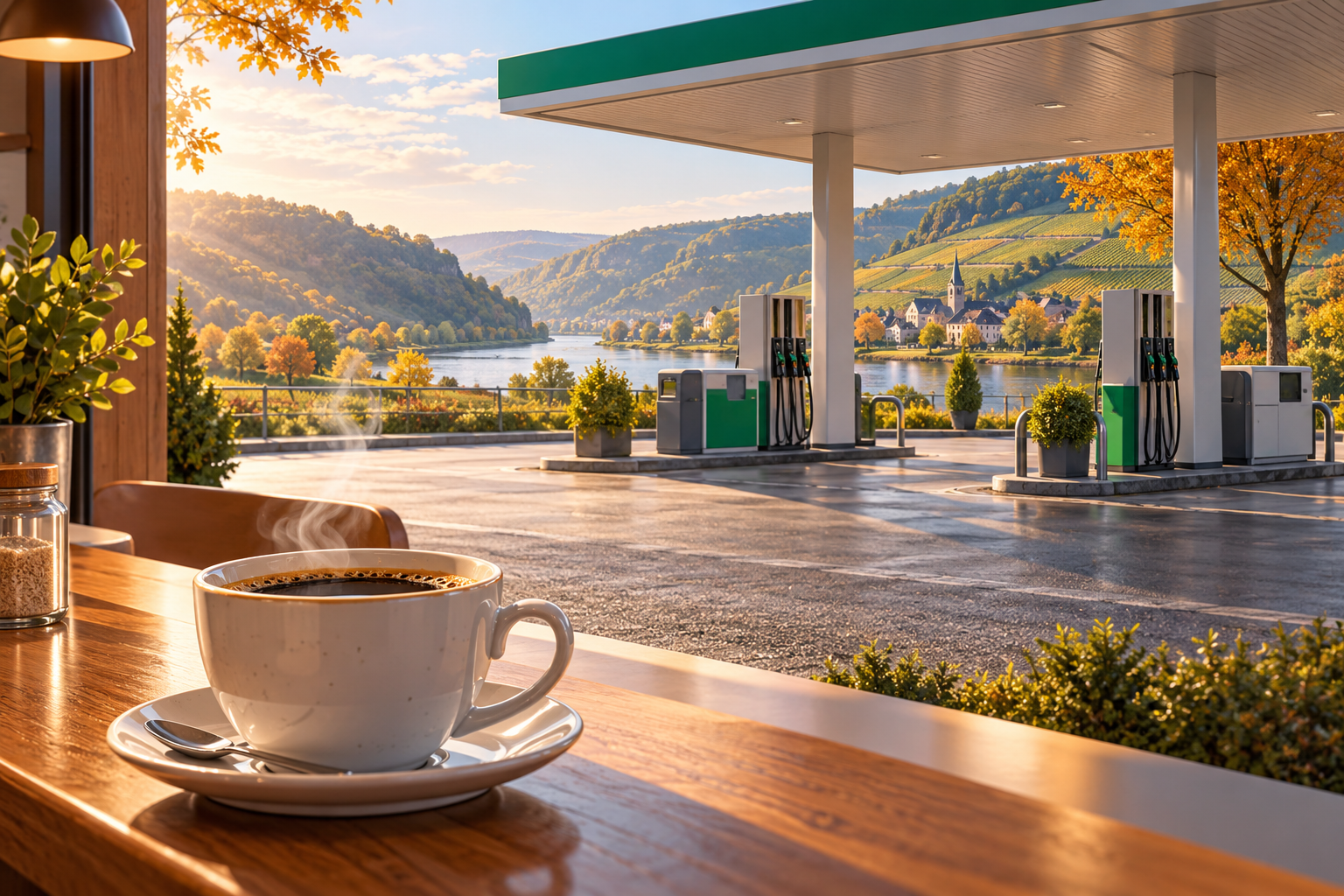 KI-Illustration: dampfende Kaffeetasse vor einer fiktiven Tankstelle in einer Mosellandschaft